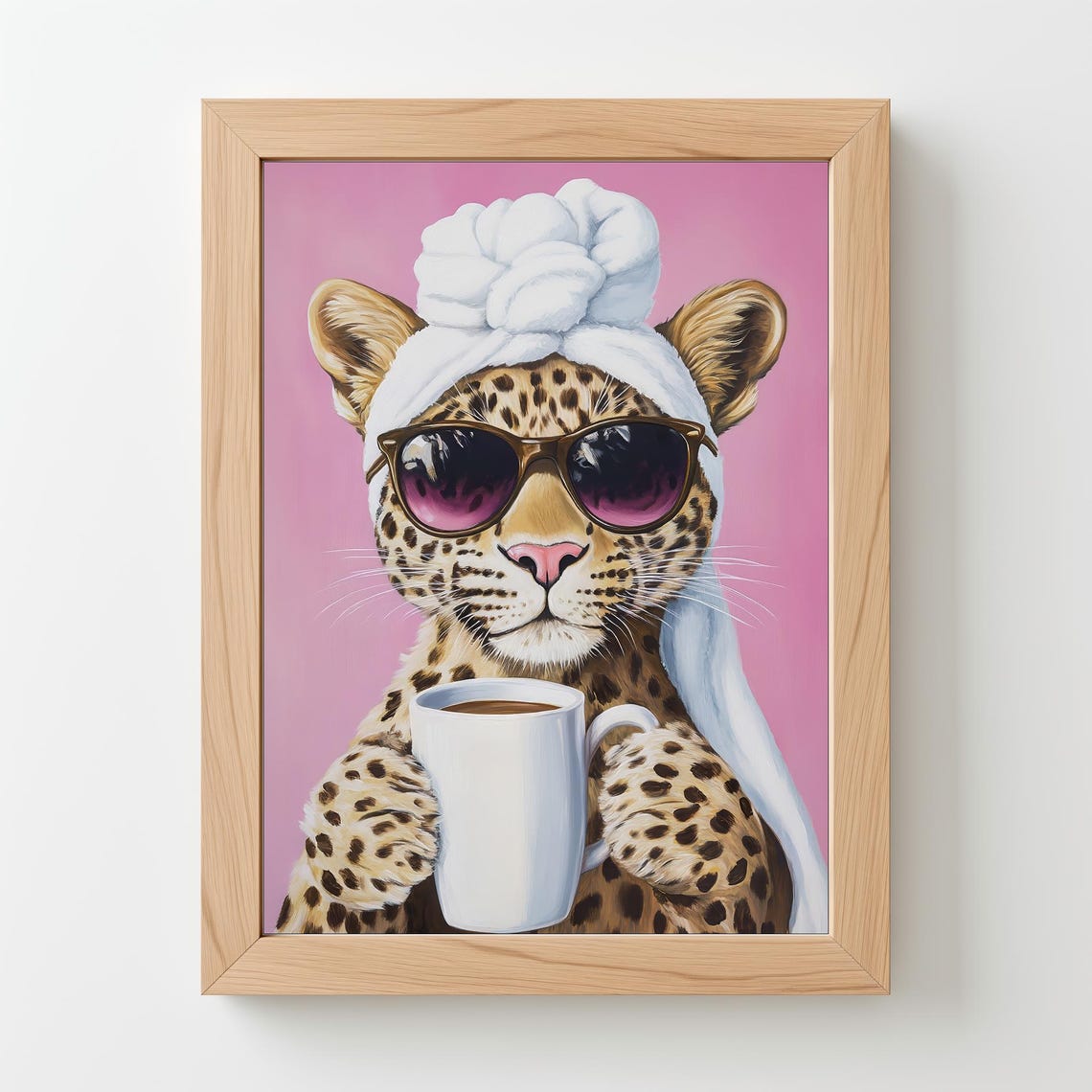 Leopard In Sunglasses Holding Coffee Maximalist Pink Wall Art Poster - Image 5