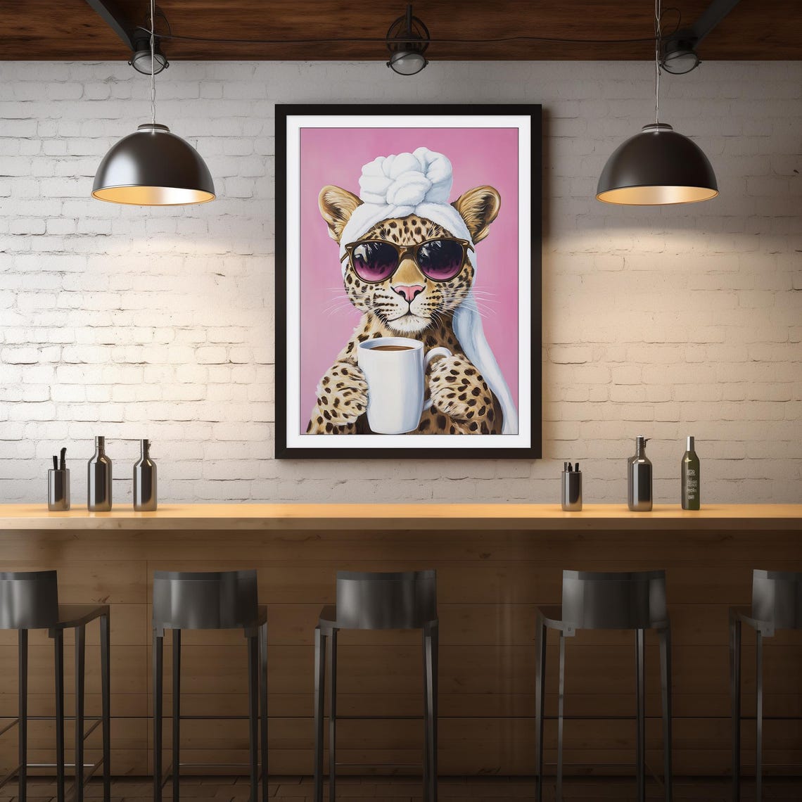 Leopard In Sunglasses Holding Coffee Maximalist Pink Wall Art Poster - Image 2