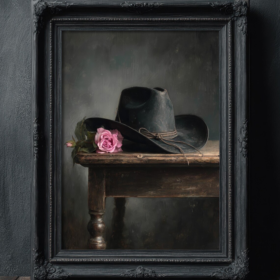 Moody Black Cowboy Hat With Roses Western Oil Painting Poster
