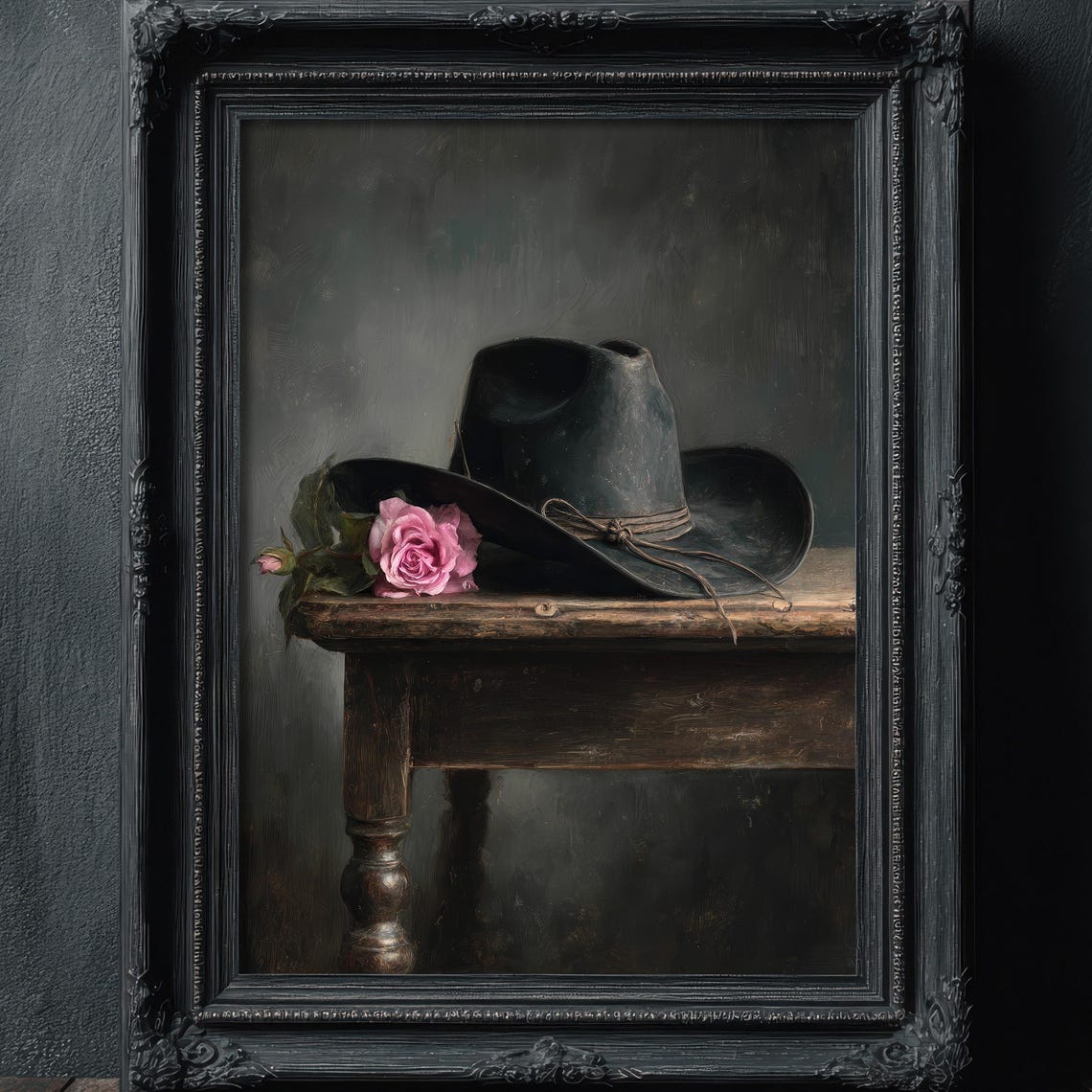 Moody Western Cowboy Hat Wall Art Print Feminine Dark Academia Decor Country Still Life Painting Farmhouse Oil