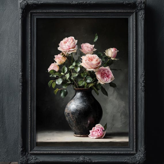Still Life Flower Vase Painting, Gothic Floral Art Print