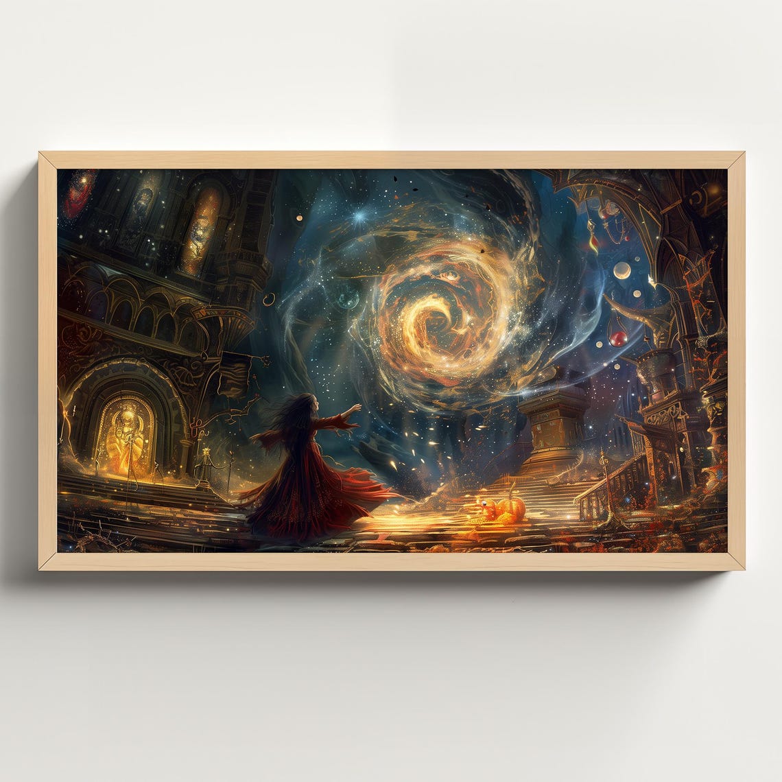 Witch Casting a Spell Beneath a Swirling Golden Galaxy Night Poster