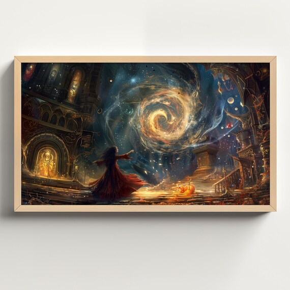 Witch Casting a Spell Beneath a Swirling Golden Galaxy Night Poster