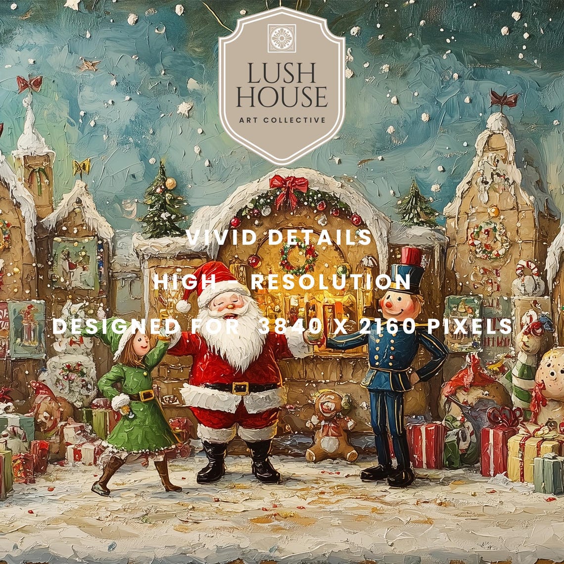 Santa Celebrating with an Elf and Nutcracker in a Candy Village Poster - Image 2
