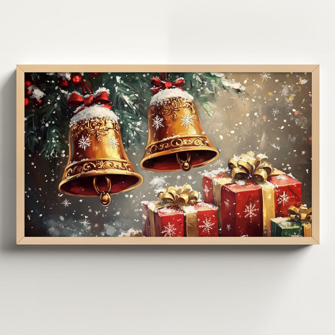 Golden Christmas Bells With Red Bows Above Snowy Gift Boxes Poster