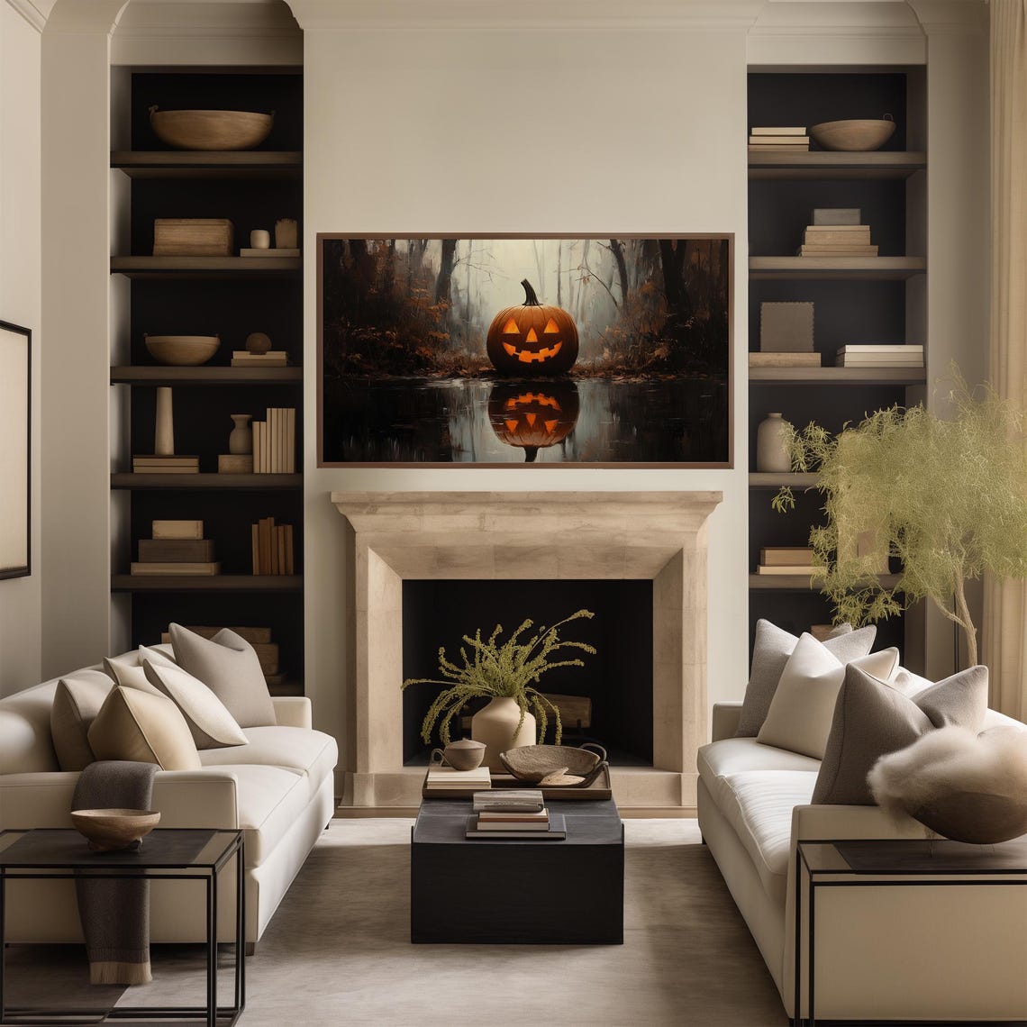 Single Jack O Lantern Reflected in Dark Still Woodland Water Poster - Image 2