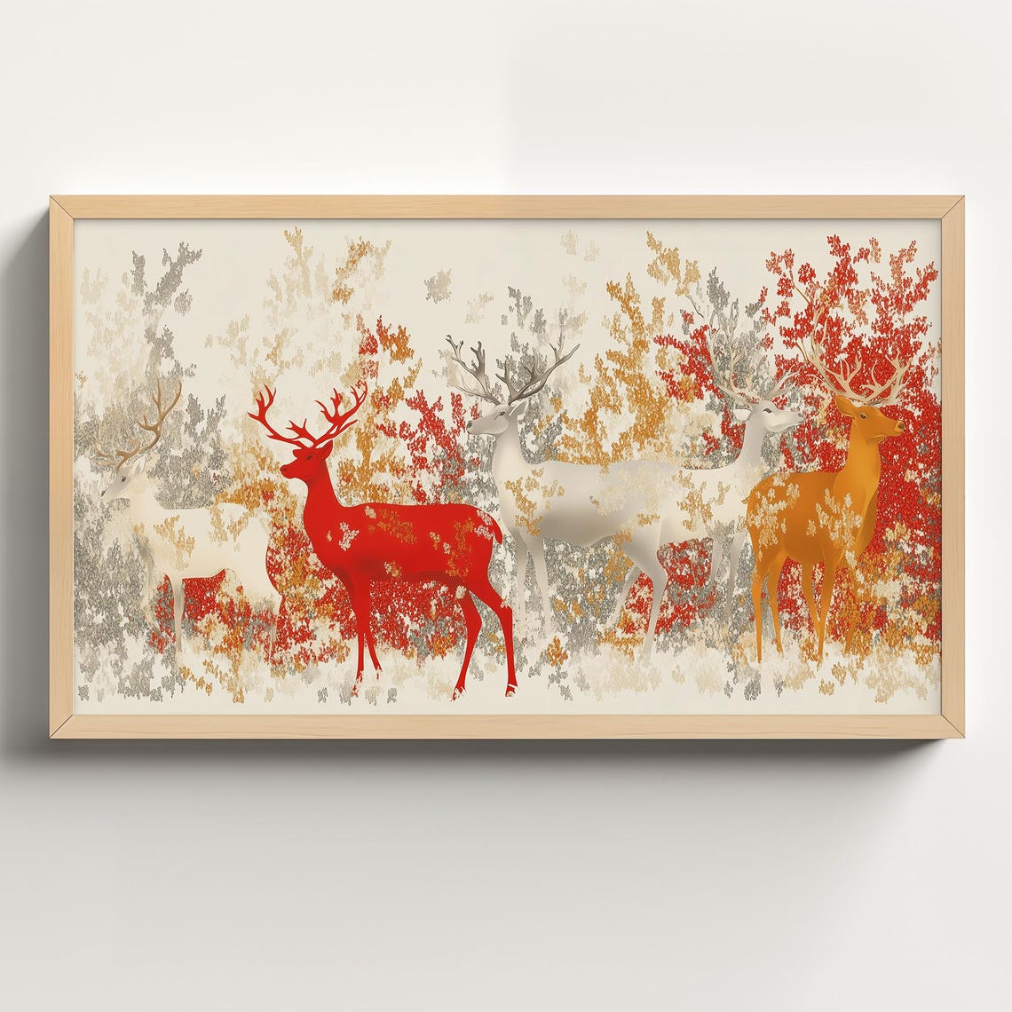 Stylized Red Stags Among Autumn Foliage Abstract Nature Art Poster
