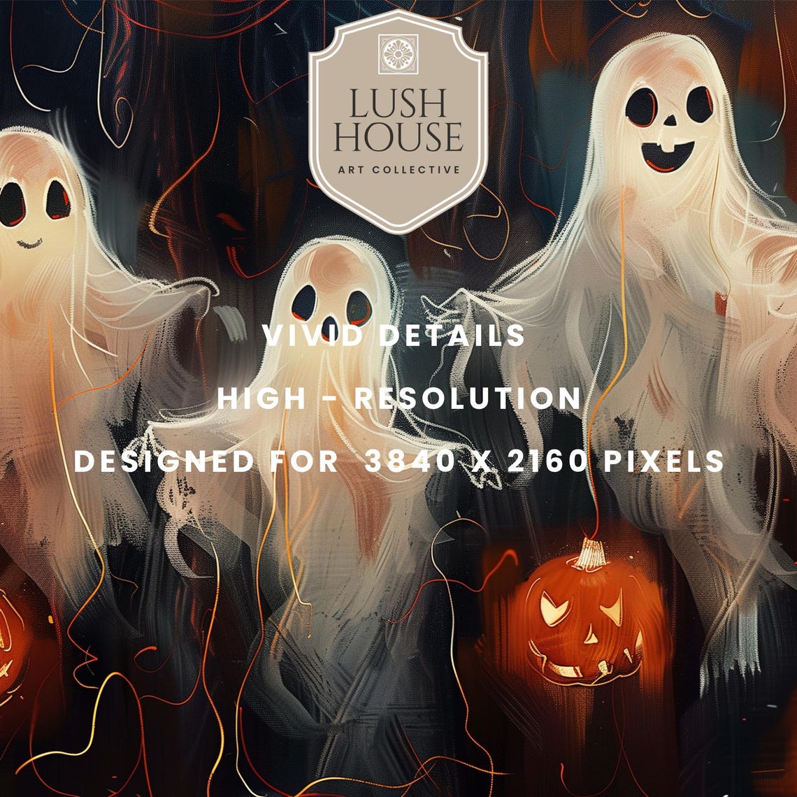 Three Friendly Ghosts Dancing Among Glowing Pumpkin Lanterns Poster - Image 3