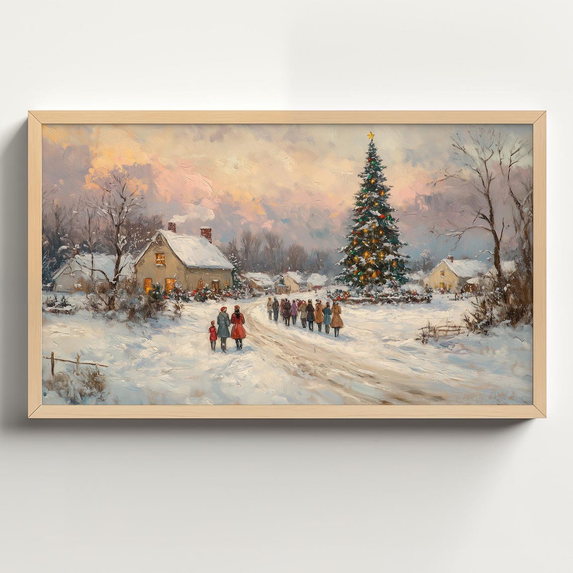 Snowy Village Gathering Around Christmas Tree Vintage Holiday Poster