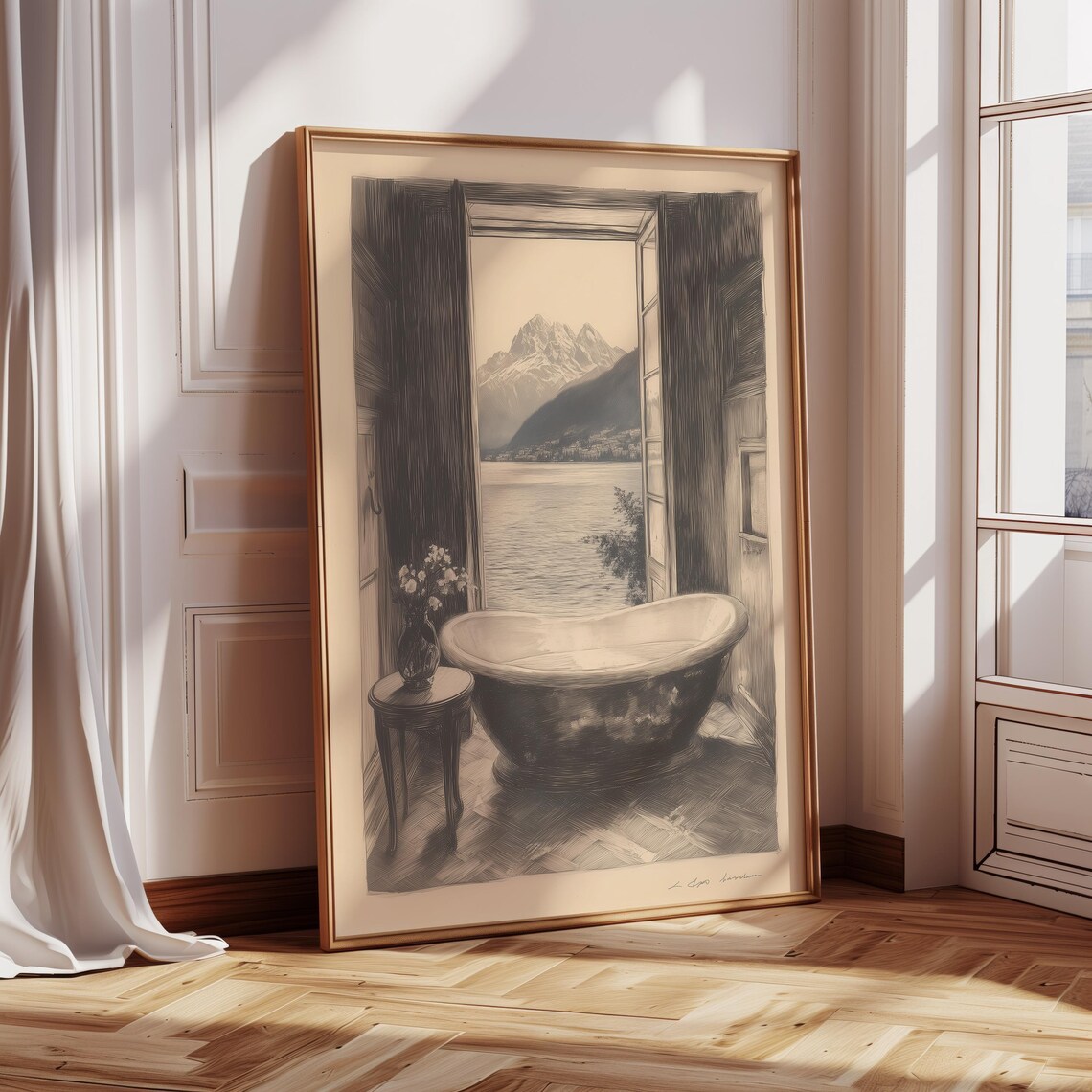Bathtub Sketch Drawing, Vintage Minimalist Art Print