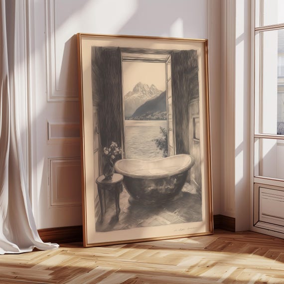 Bathtub Sketch Drawing, Vintage Minimalist Art Print