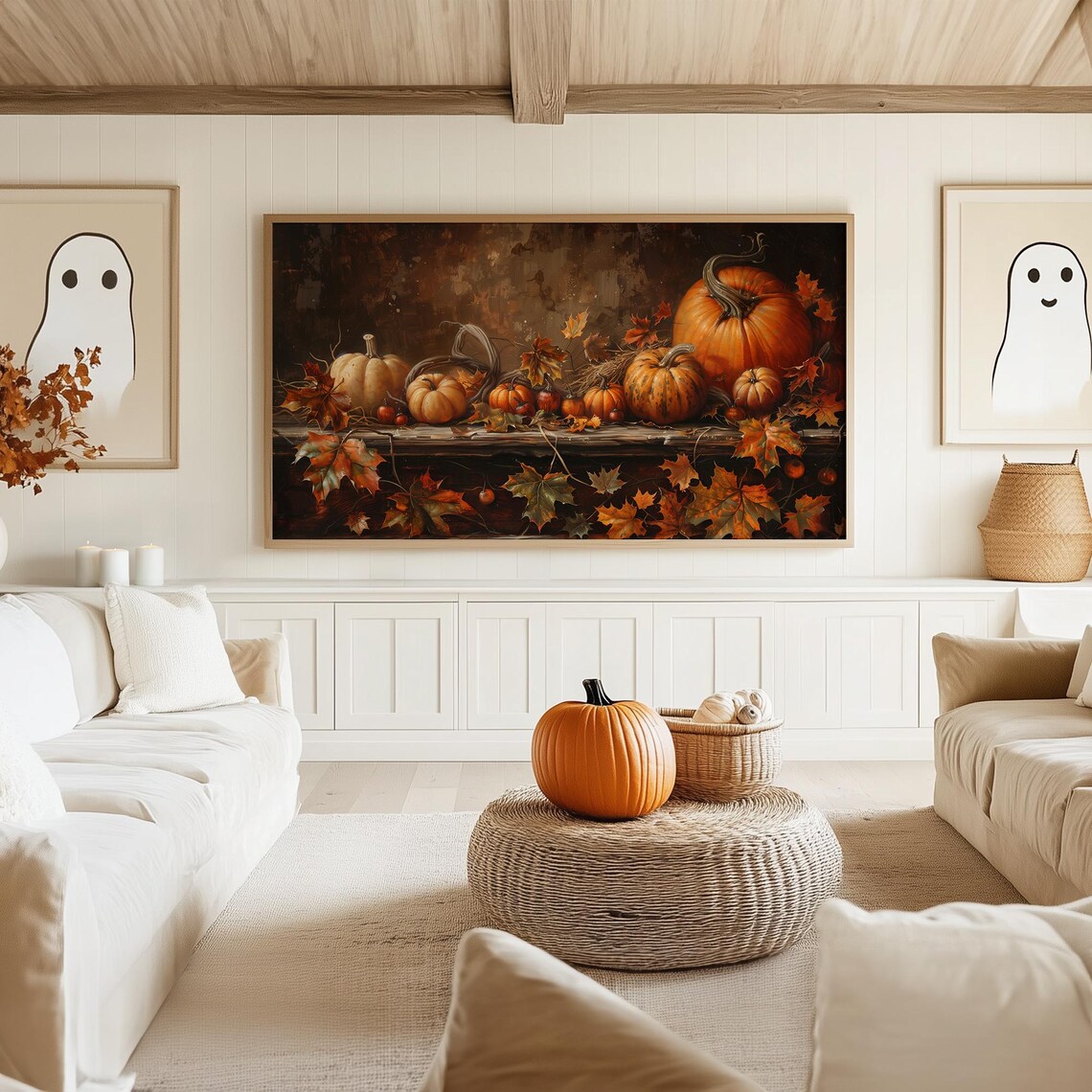 Rustic Shelf Pumpkin Still Life Among Glowing Autumn Maple Leaves Poster - Image 5