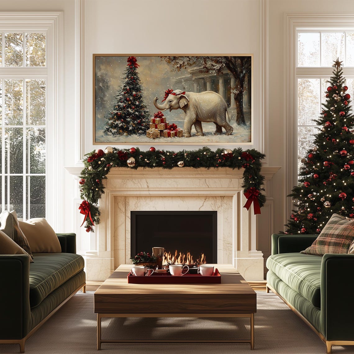 White Elephant With Red Bow Beside Christmas Tree Snowy Art Poster - Image 5