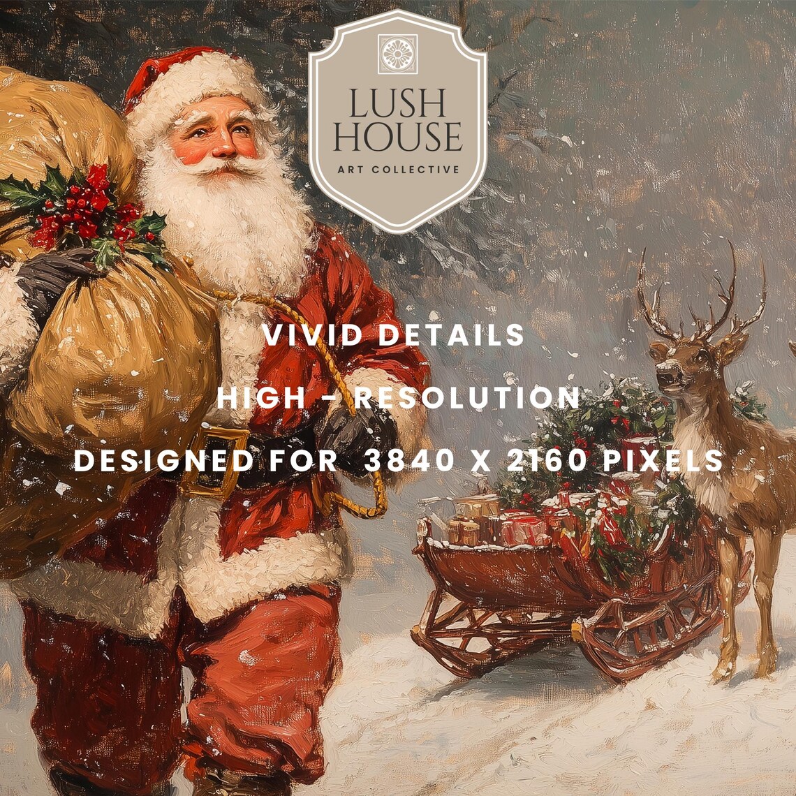 Vintage Santa Carrying a Toy Sack Beside a Reindeer Sleigh Poster - Image 2