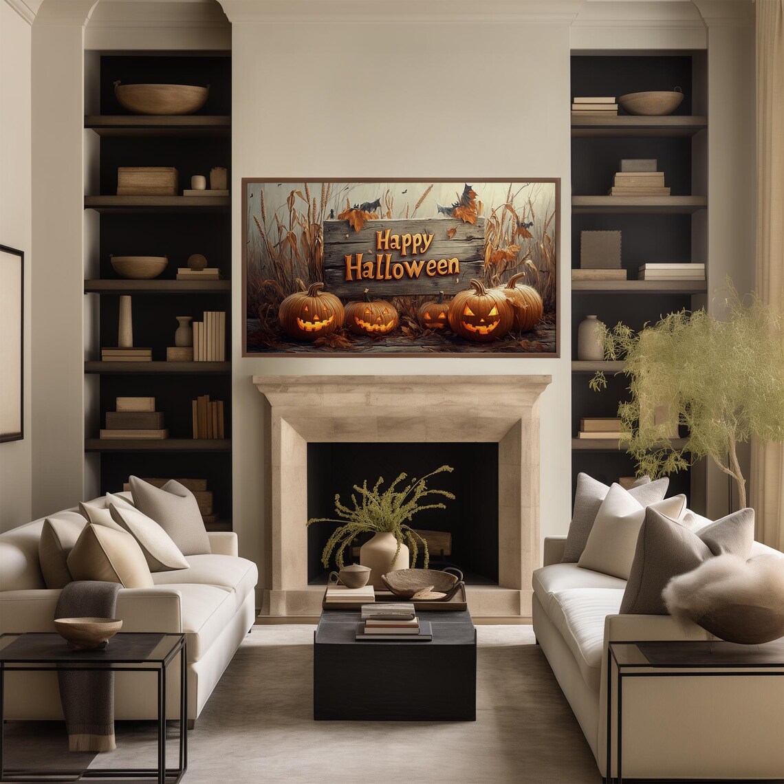 Happy Halloween Wooden Sign With Glowing Jack O Lanterns in Field Poster - Image 2