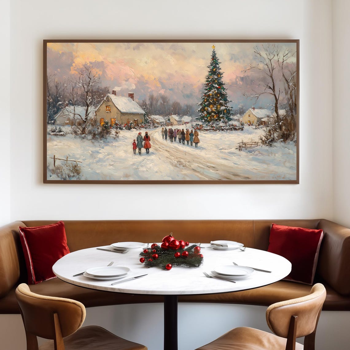 Snowy Village Gathering Around Christmas Tree Vintage Holiday Poster - Image 4