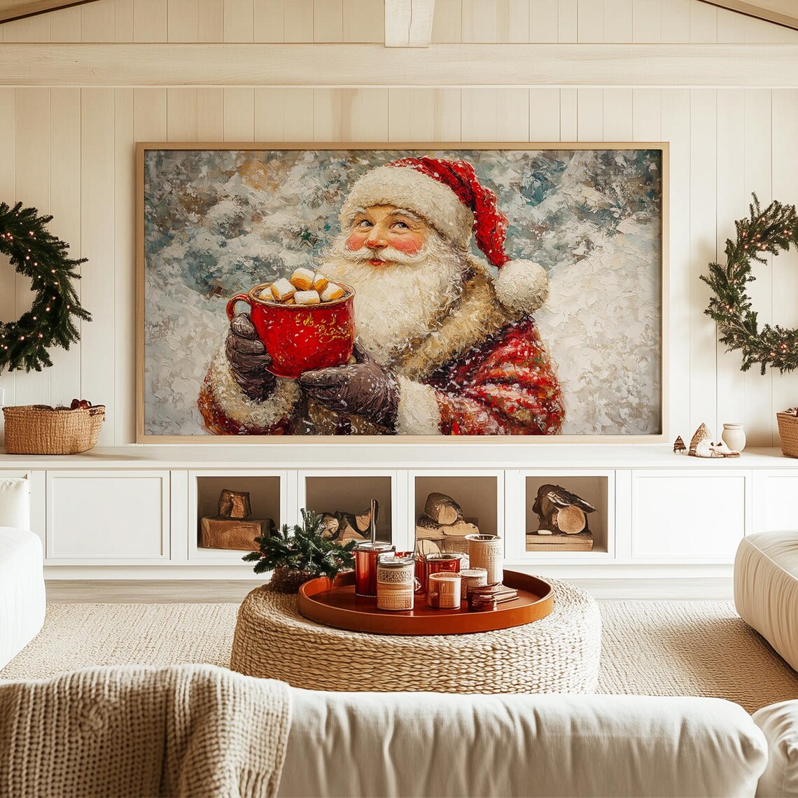 Smiling Santa Holding a Red Mug of Hot Chocolate in the Snow Poster - Image 3