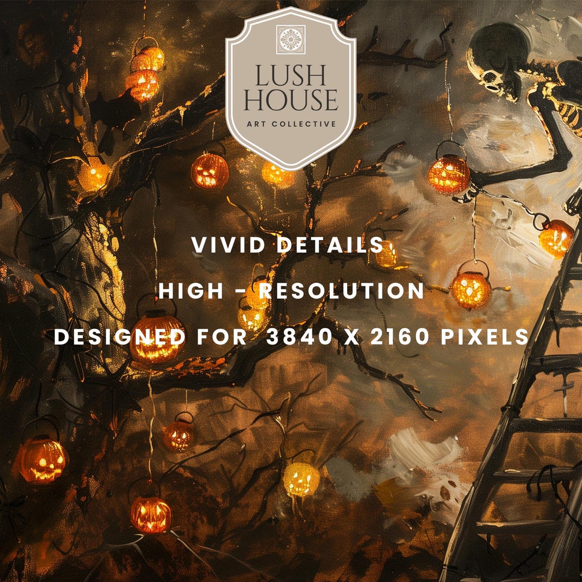 Skeleton Decorating Dead Tree With Hanging Pumpkin Lanterns Poster - Image 3