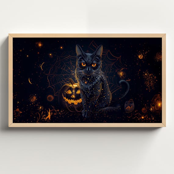 Black Cat Halloween Frame Tv Art Dark Moody Witchy Decor Magical Glowing Jack O Lantern Pumpkin Painting Wallpaper Tv913