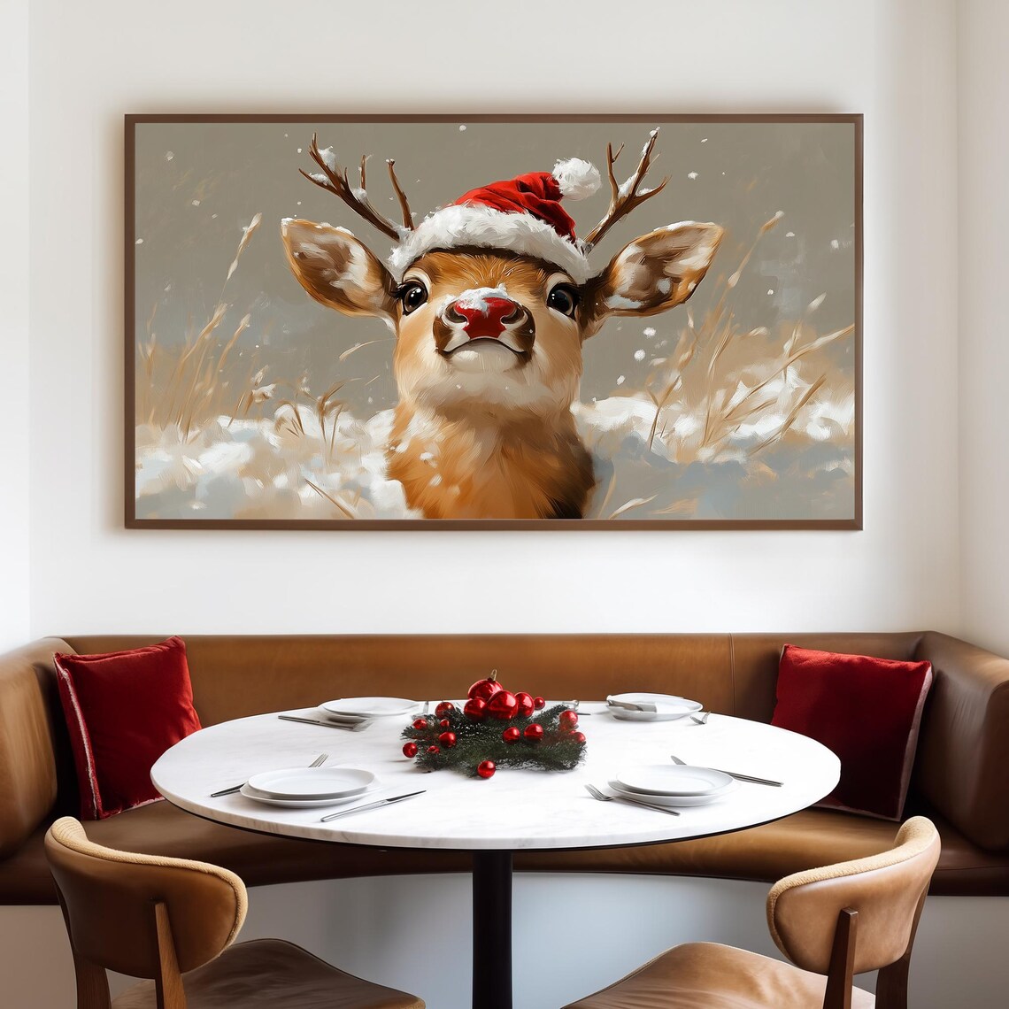 Baby Reindeer Wearing Santa Hat With Red Nose Cute Christmas Poster - Image 4