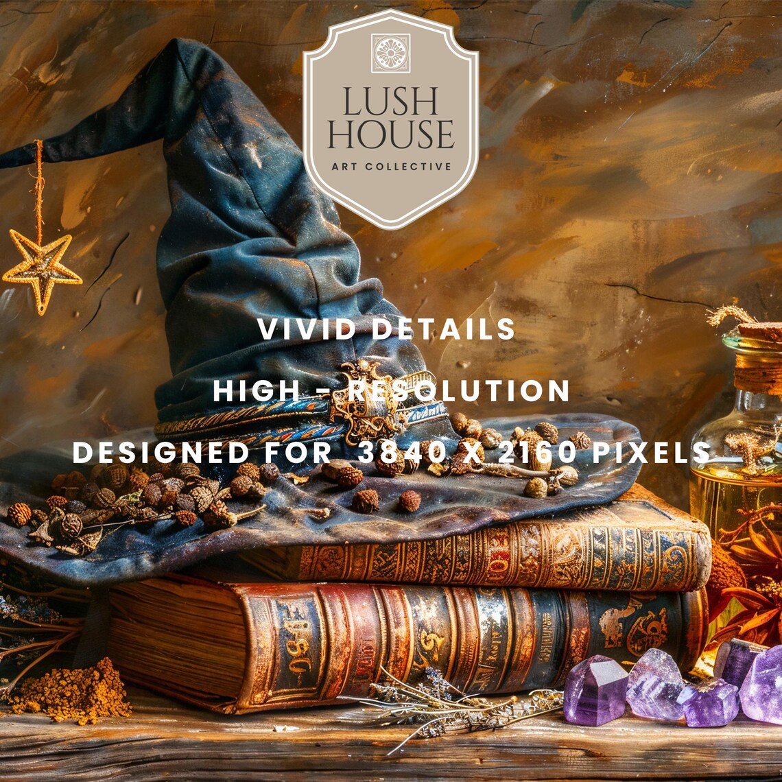 Witch Hat Resting on Spell Books With Potions and Amethyst Crystals Poster - Image 3
