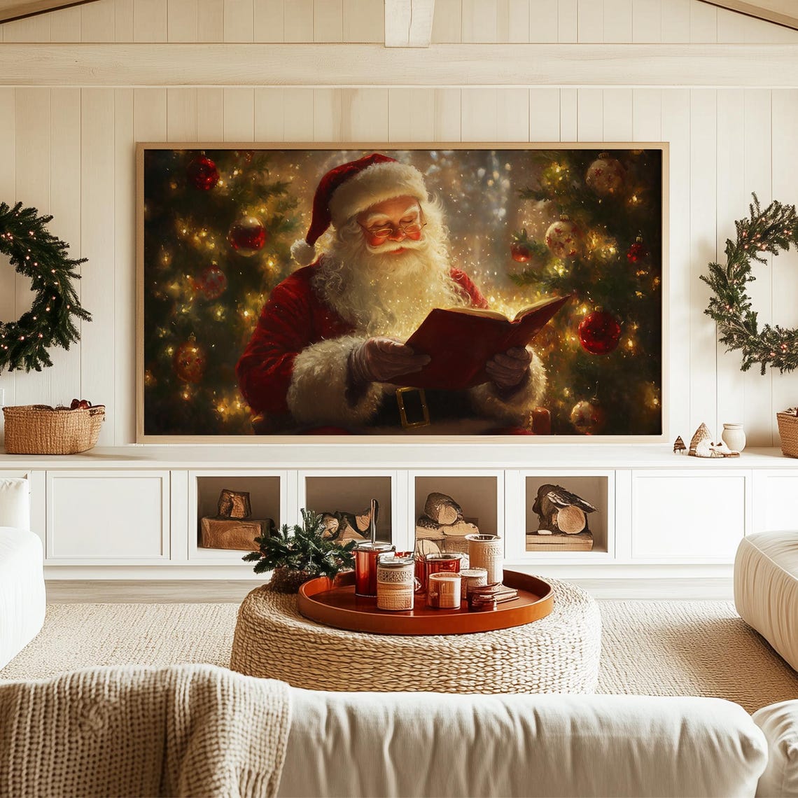 Jolly Santa Reading a Book Before a Red and Gold Christmas Tree Poster - Image 4