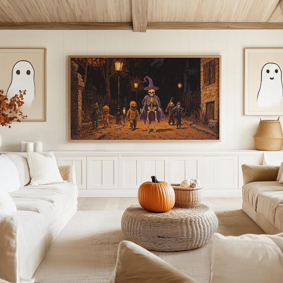 Skeleton Kids Trick or Treating on Lamplit Street Halloween Night Poster - Image 5