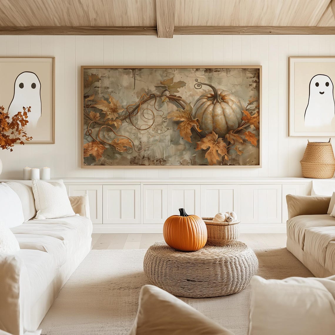 White Pumpkin With Gilded Vines on Textured Gray Plaster Fall Poster - Image 5