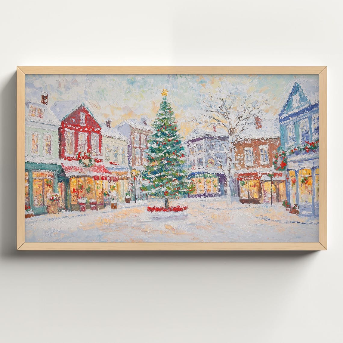Snowy Town Square with a Lit Christmas Tree and Painted Shops Poster