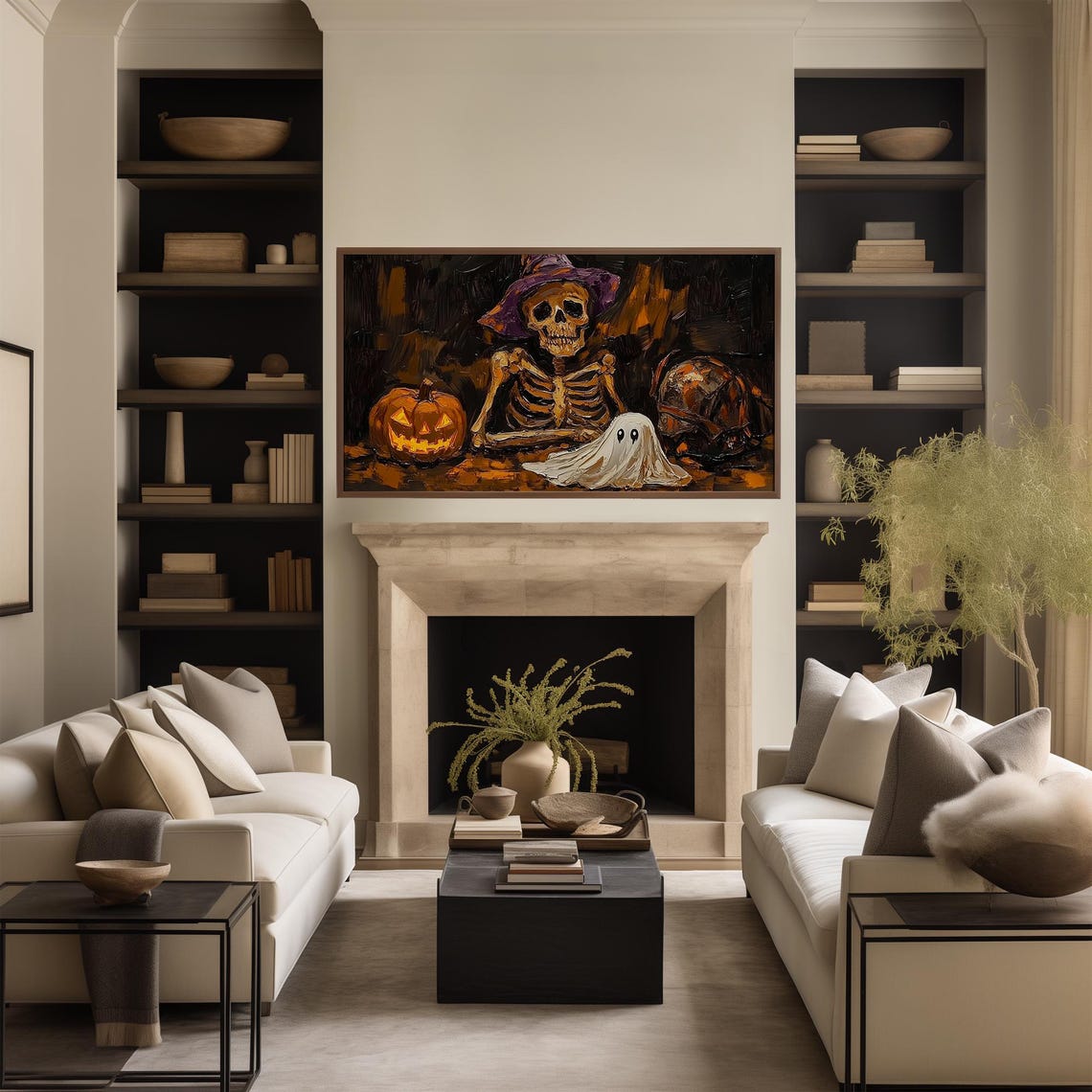 Skeleton in a Purple Witch Hat with Ghost and Pumpkin Halloween Poster - Image 2