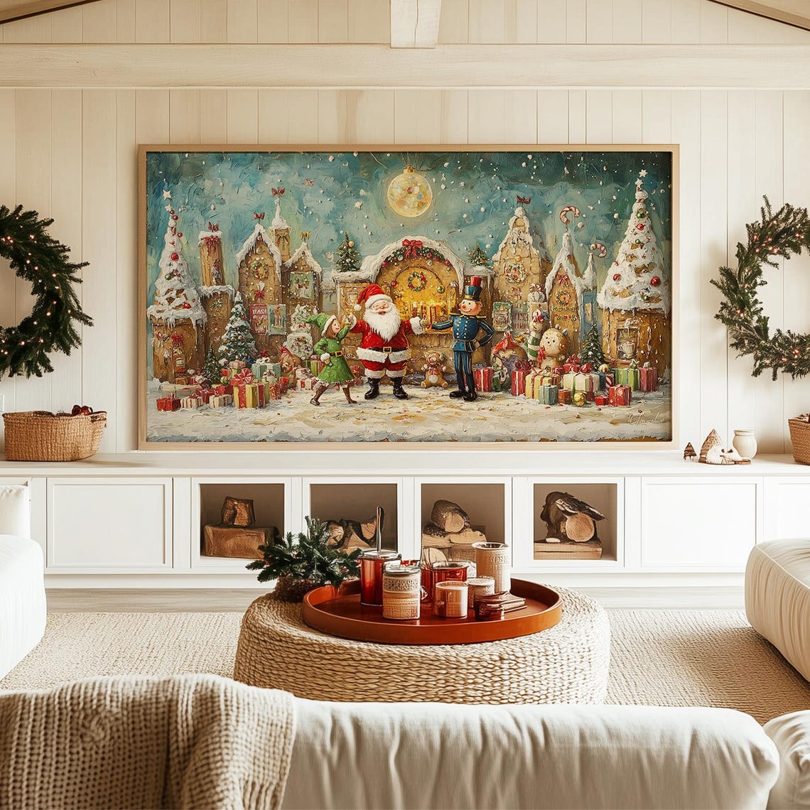 Santa Celebrating with an Elf and Nutcracker in a Candy Village Poster - Image 3