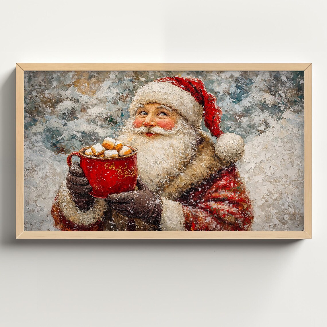 Smiling Santa Holding a Red Mug of Hot Chocolate in the Snow Poster
