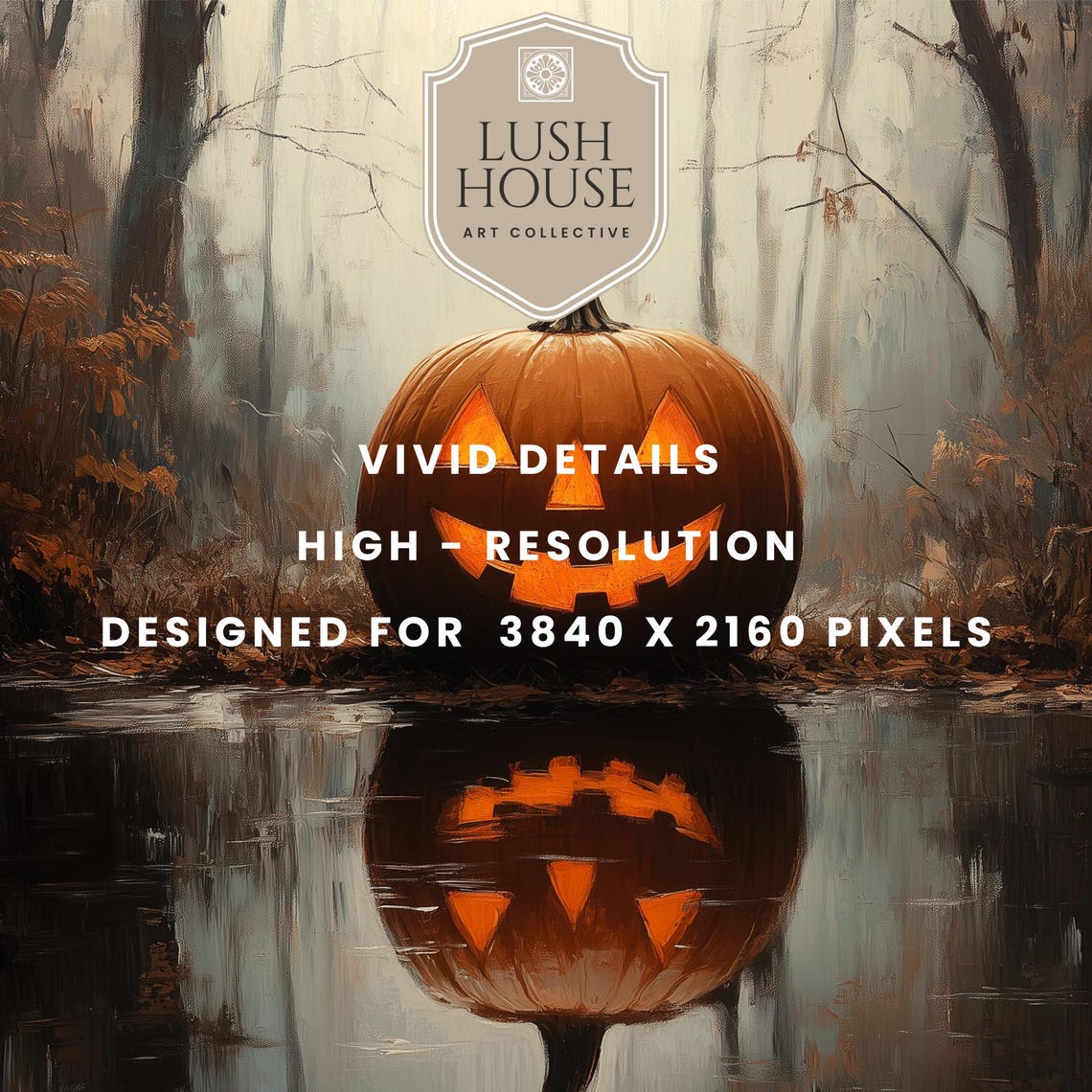 Single Jack O Lantern Reflected in Dark Still Woodland Water Poster - Image 3
