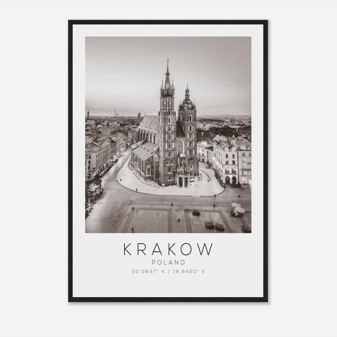 Krakow Poland Black White Old Town Main Square Basilica Poster