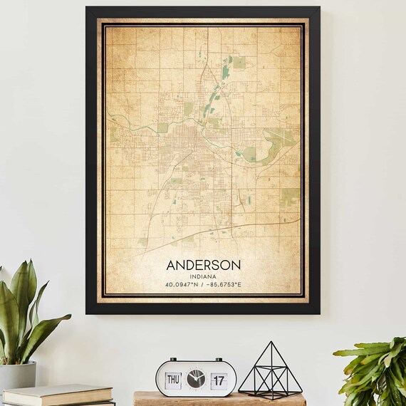 Vintage Anderson Indiana City Street Map Coordinates Wall Art