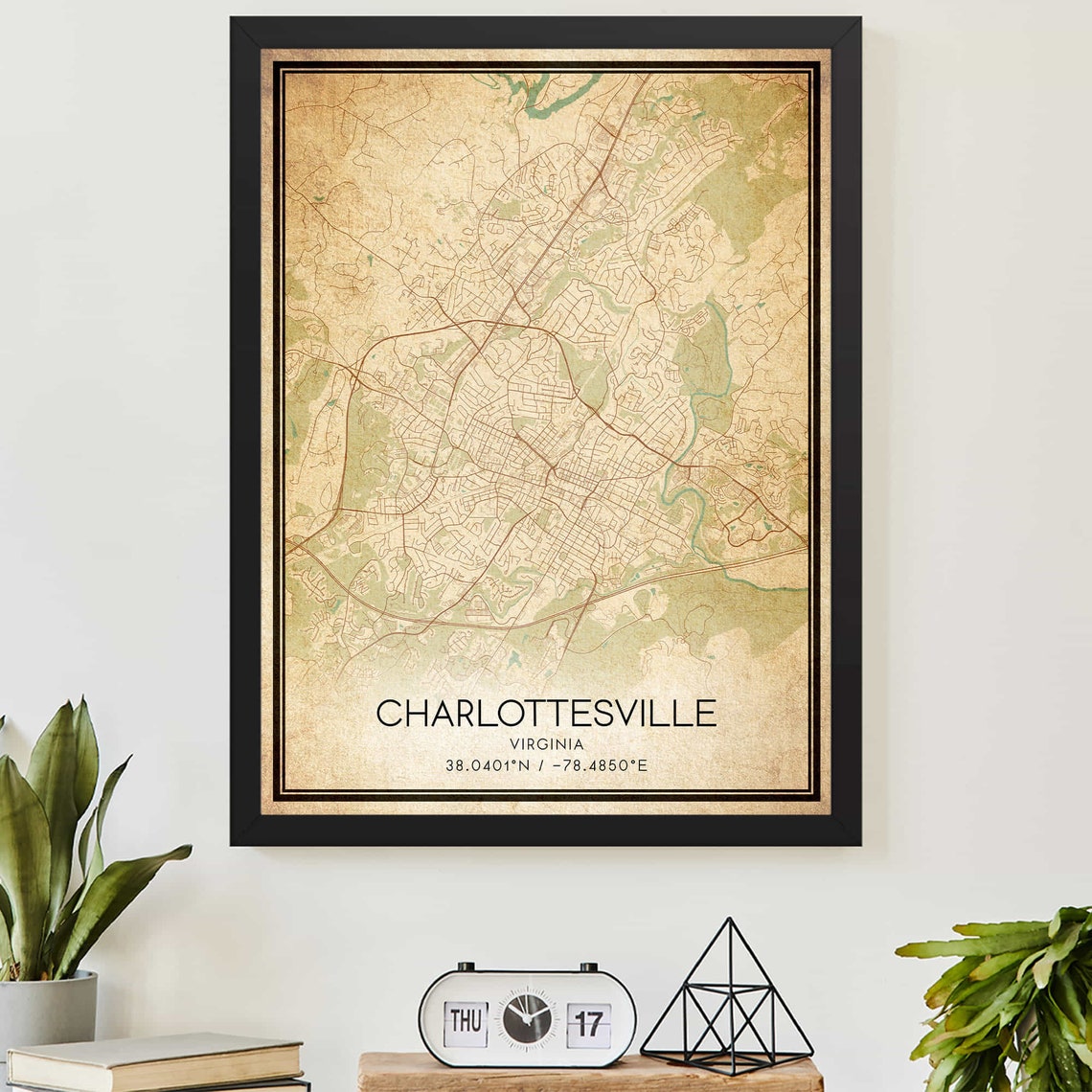 Vintage Charlottesville Virginia Street Map Poster with Coordinates