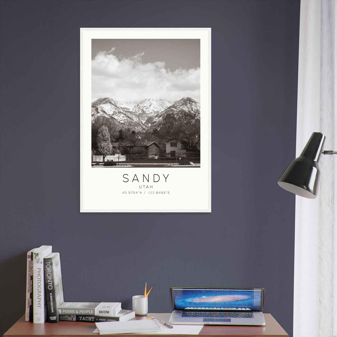 Sandy Utah Snow Capped Mountains Above Homes Monochrome Photo Poster - Image 3