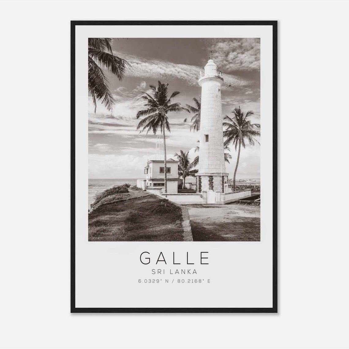 Galle Sri Lanka Beach Lighthouse Black and White Travel Poster