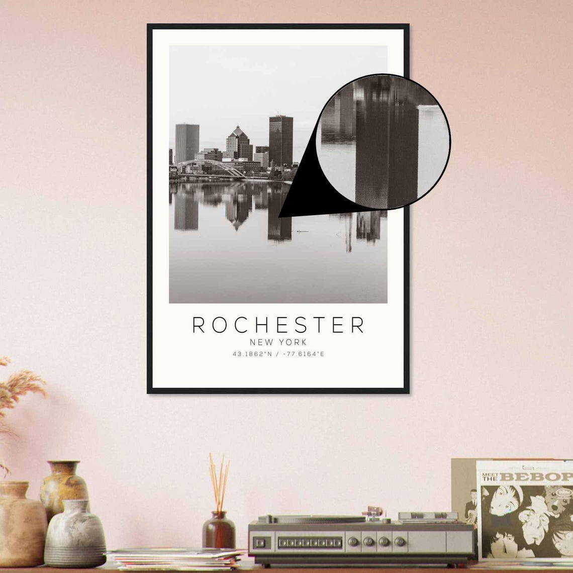 Rochester New York River Skyline Reflection Black and White Poster - Image 4