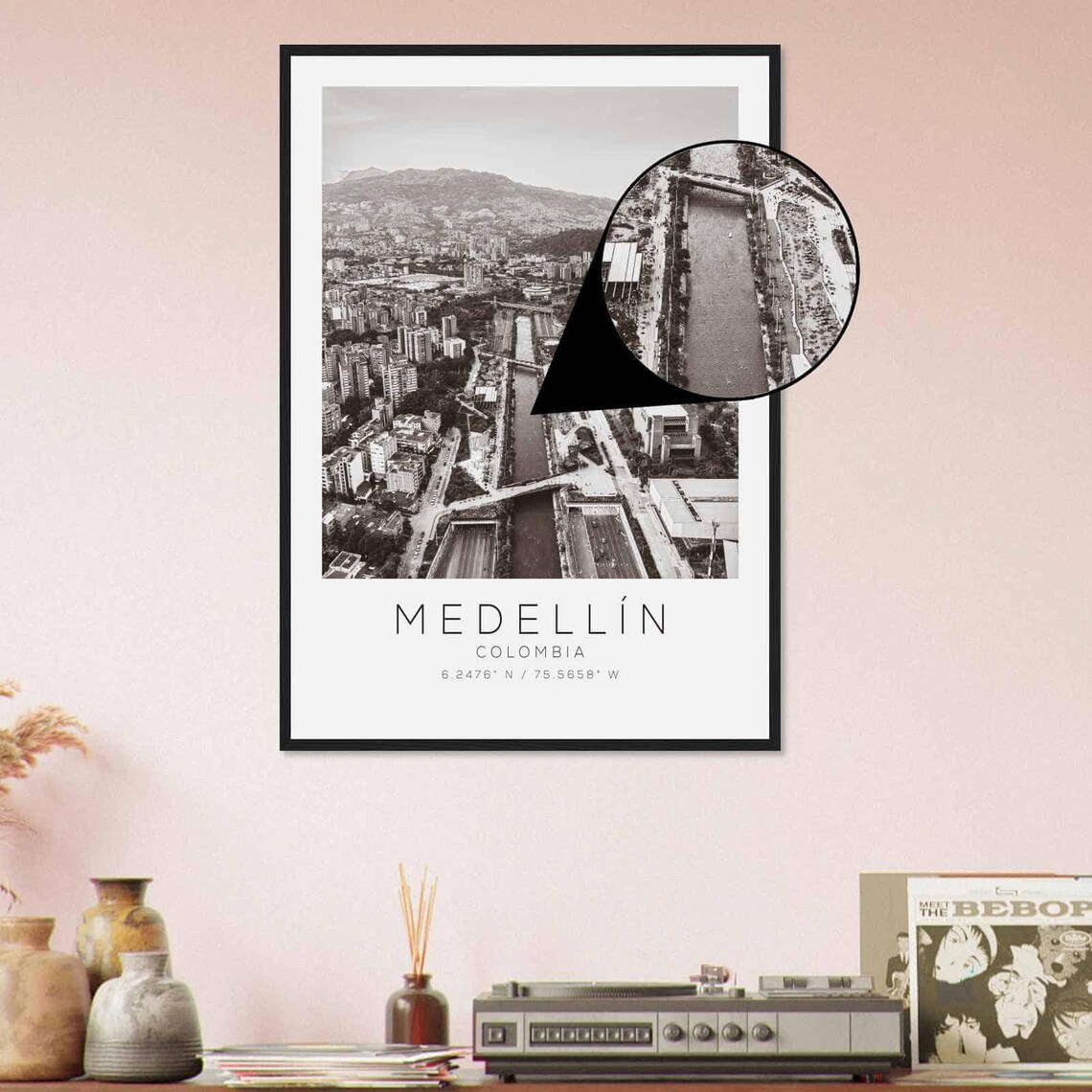 Medellin Colombia Aerial River Cityscape Black and White Photo Poster - Image 4
