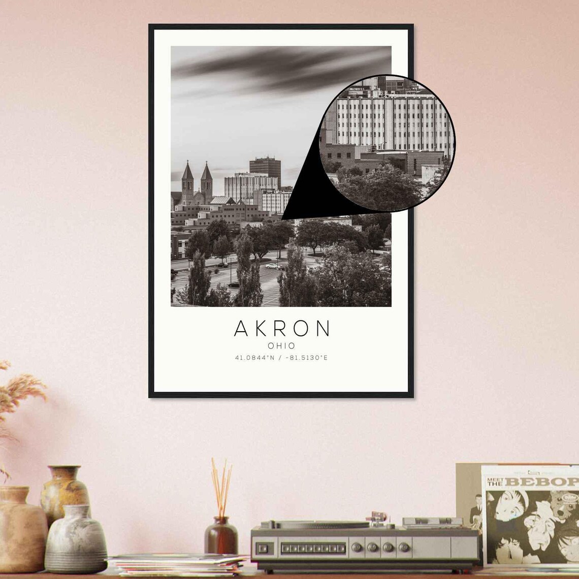 Akron Ohio Downtown Skyline Twin Church Spires Monochrome Photo Poster - Image 4