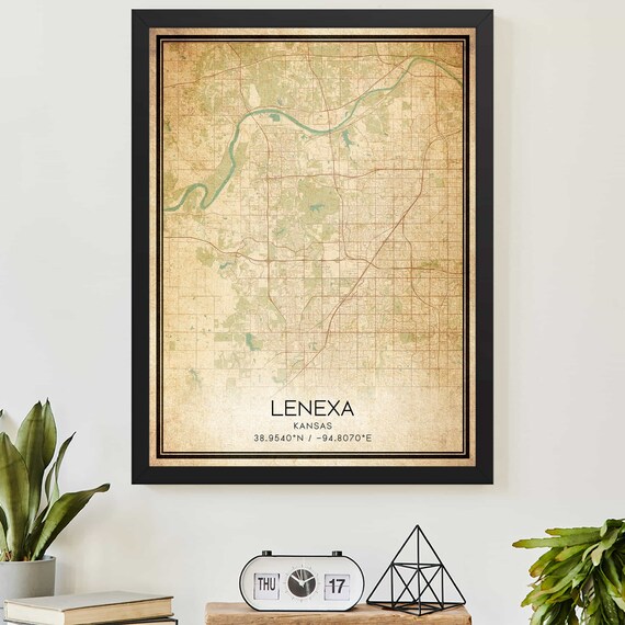 Lenexa Kansas Vintage City Street Grid Map Coordinate Art Poster