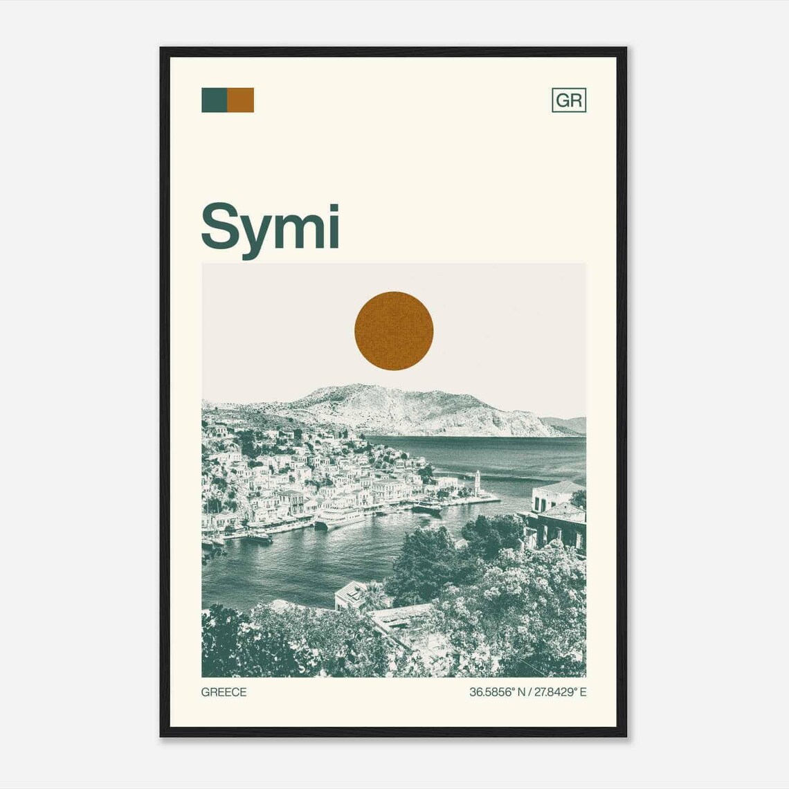 Symi Greece Island Harbor Bay Aerial Vintage Style Travel Poster