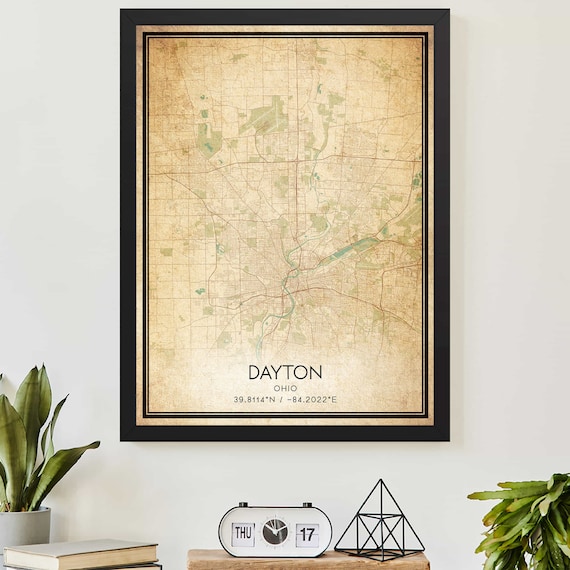 Dayton Ohio Antique Style Sepia City Street Map Print Artwork