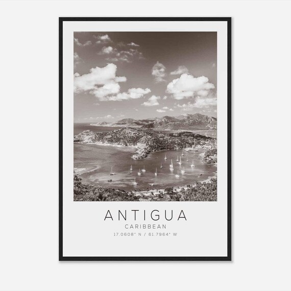 Antigua Caribbean Black White Sailboat Harbor Islands Travel Poster