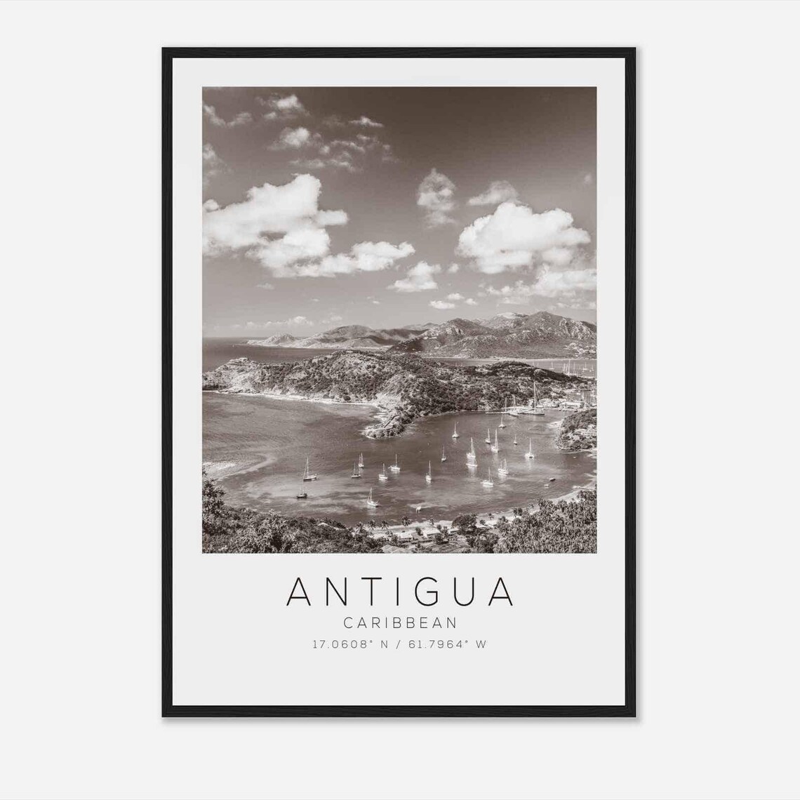 Antigua Caribbean Black White Sailboat Harbor Islands Travel Poster