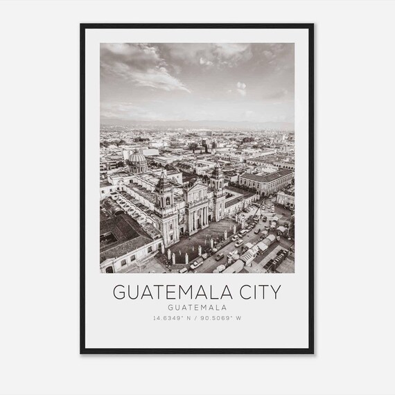 Guatemala City Black and White Cathedral Aerial View Travel Poster