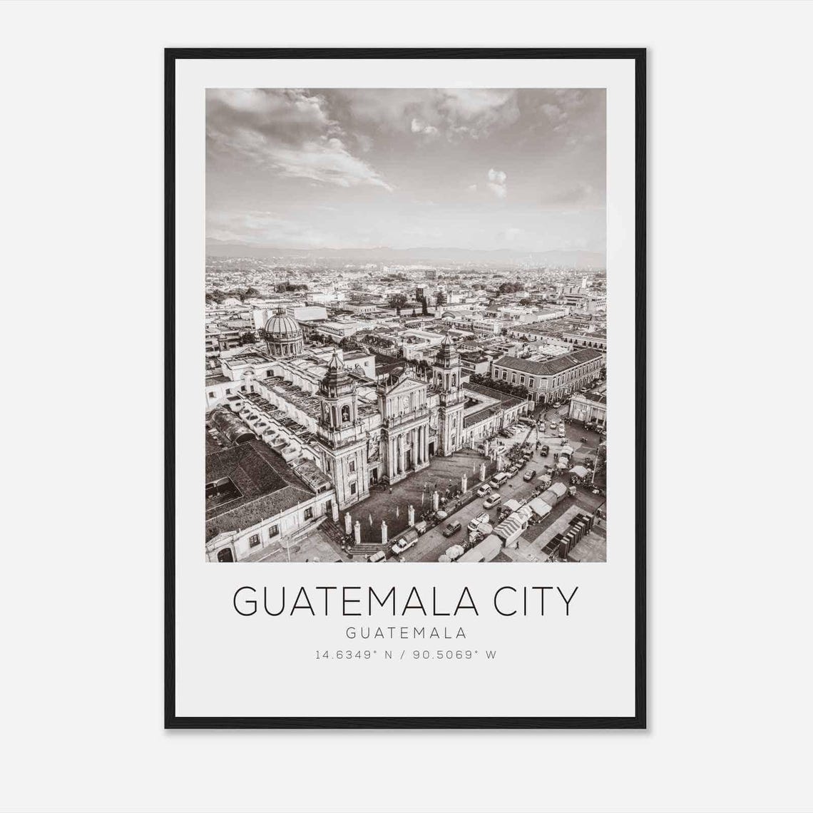 Guatemala City Black and White Cathedral Aerial View Travel Poster
