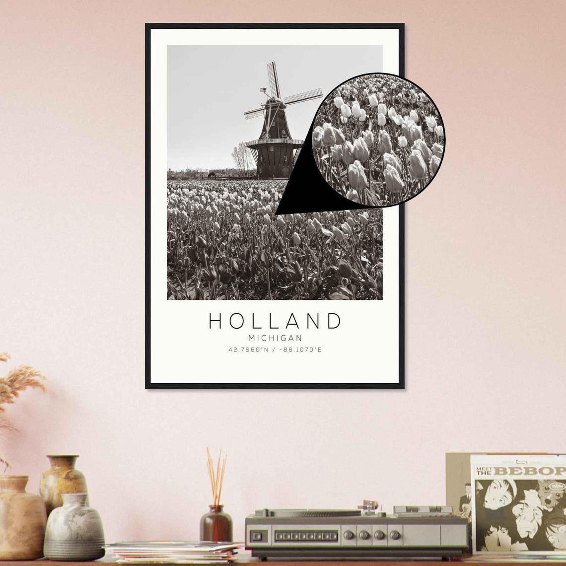 Holland Michigan Tulip Fields Dutch Windmill Black White Travel Poster - Image 4