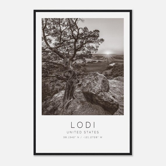 Lodi United States Sepia Cliff Tree Sunset Coordinates Nature Poster